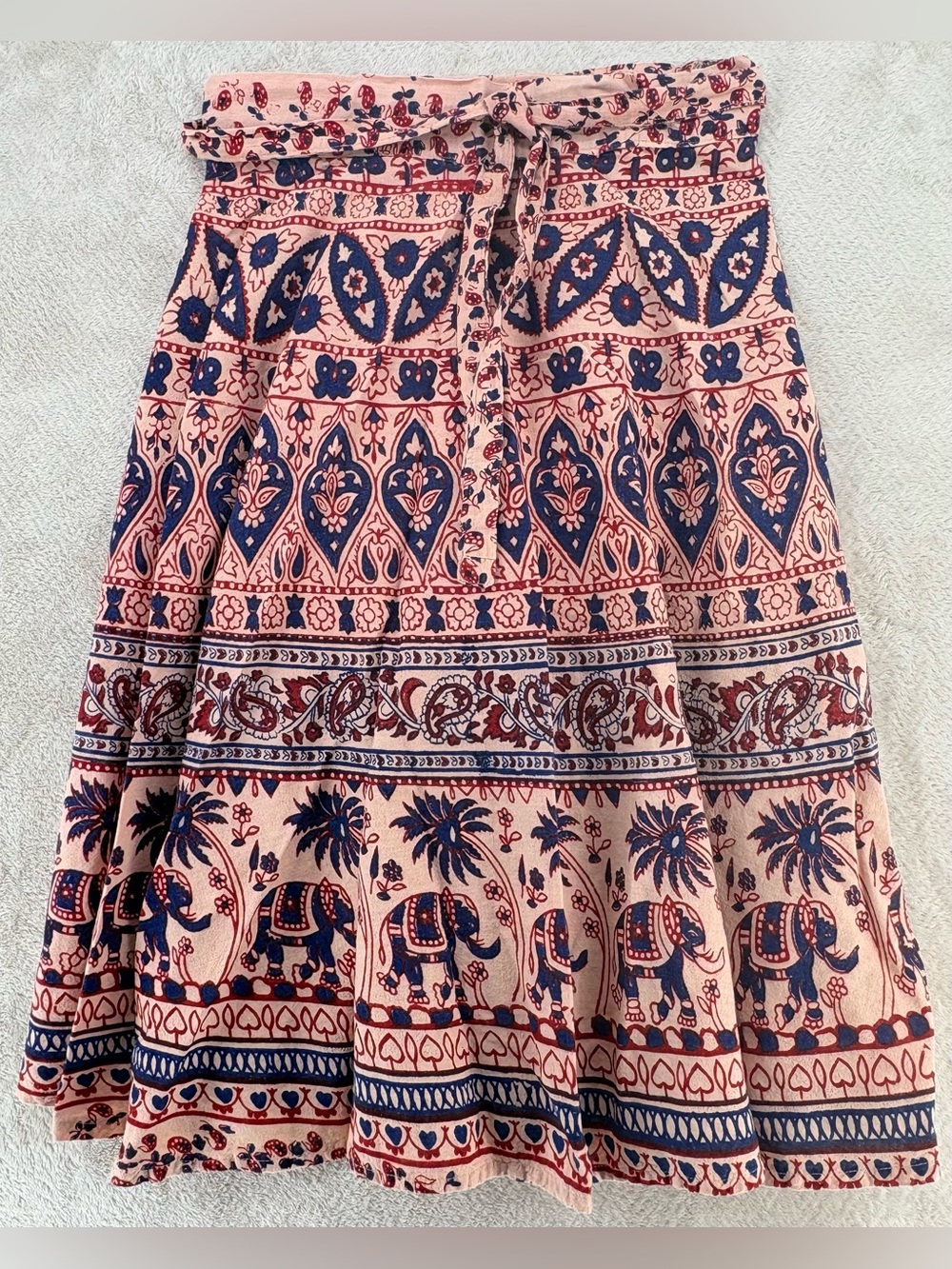 Vintage Women’s S-L 1970s Indian block printed cotton tapestry wrap skirt